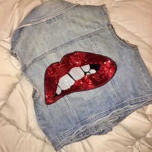 Trendy Sequin Lips Denim Cropped Vest Sz S